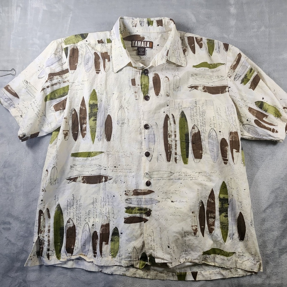 Kahala 1936 Mens XL Beige Hawaiian Shirt Surf Board Print Short Sleeve Button Up